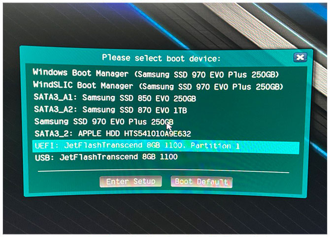 Пример Boot Menu с выбором устройства